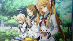  3girls ahoge blonde_hair eating es_(xblaze_code:_embryo) food glasses himezuru_hinata kuon_gramred_shutleheim lunch lunchbox multiple_girls mushroom official_art onigiri school_uniform twintails two_side_up xblaze_code:_embryo 