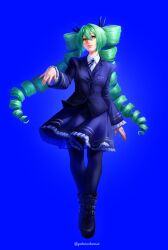  1girl absurdres aqua_eyes aqua_hair artist_name black_boots black_jacket black_pantyhose black_ribbon black_skirt blazer blue_background boots collared_shirt commentary drill_hair english_commentary frilled_skirt frilled_sleeves frills full_body gothic_lolita hair_ribbon hand_up hatsune_miku hatsune_miku_(dark_angel) highres jacket lolita_fashion long_hair long_sleeves looking_at_viewer painterly pantyhose project_diva_(series) pulmothena ribbon ringlets shirt simple_background skirt solo standing twin_drills variant_set very_long_hair vocaloid white_shirt 