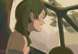  1girl armlet bare_shoulders black_choker black_dress choker clouds cockpit dated dress dropship east-west_crossover from_below green_hair gundam halo_(series) highres jewelry kanokoga long_hair looking_afar open_mouth pelican_(halo) scene_reference science_fiction side_ponytail signature solo sousou_no_frieren teeth ubel_(sousou_no_frieren) upper_teeth_only 