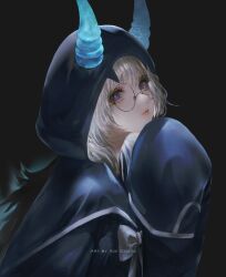  1girl aoi_ogata artist_name black_background black_jacket bow clip_studio_paint_(medium) closed_mouth commentary commission english_commentary glasses grey_bow grey_hair hood hood_up hooded_jacket horns jacket long_sleeves looking_at_viewer maplestory round_eyewear simple_background sleeves_past_fingers sleeves_past_wrists solo 