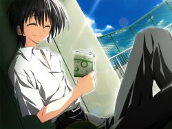  1boy blue_sky blurry bokeh book closed_eyes closed_mouth clouds cloudy_sky collared_shirt day depth_of_field game_asset holding holding_book kagome_(traumatize) mamiya_takuji non-web_source official_art on_floor on_rooftop shirt sitting sky smile subarashiki_hibi variant_set visual_novel_cg white_shirt 