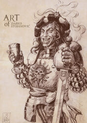  1boy armor collared_shirt crazy cup darkos_art dated empire_(warhammer_fantasy) frills greyscale hat highres holding holding_cup holding_sword holding_weapon long_sleeves marius_leitdorf monochrome open_mouth plume puffy_long_sleeves puffy_sleeves shirt short_hair solo sun_symbol sword traditional_media warhammer_fantasy weapon 