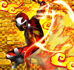  1boy akaninger assault_visor black_gloves black_visor bodysuit commentary_request fire gloves helmet murahigeya nin_shuriken ninja_ichibantou rangers_strike red_bodysuit red_helmet shuriken_sentai_ninninger solo super_sentai tokusatsu 