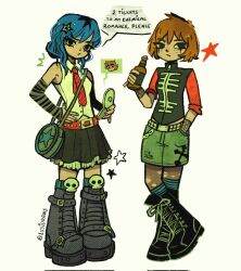  2girls belt black_boots black_skirt blue_hair boots bottle brown_hair cellphone denim denim_shorts emo_fashion flip_phone full_body green_shorts highres holding holding_bottle holding_phone kim_pine lusidraws multiple_girls my_chemical_romance necktie phone ramona_flowers red_necktie scott_pilgrim scott_pilgrim_(series) shorts skirt skull_ornament thigh-highs torn_clothes torn_thighhighs white_background 