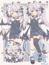  >_< 1girl :3 :d ;3 ;d ahoge asymmetrical_legwear bell black_bow black_dress black_shoes black_streaks black_thighhighs blush_stickers border bow chibi closed_eyes closed_mouth colon_br commentary_request commission double-parted_bangs dress fish_in_mouth full_body green_eyes grey_hair grid_background grid_border hair_bell hair_bow hair_ornament hand_up heart highres jingle_bell long_hair long_sleeves looking_at_viewer mismatched_legwear multicolored_hair multiple_views one_eye_closed open_mouth original outline outside_border shoes sidelocks simple_background single_sock single_thighhigh skeb_commission sleeves_past_fingers sleeves_past_wrists smile socks standing streaked_hair thigh-highs twintails twitter_username uneven_legwear white_border white_outline white_socks wide_sleeves 