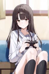  1girl against_bed bed black_skirt black_socks brown_hair cahangonn character_request controller copyright_request game_controller highres holding holding_controller holding_game_controller kneehighs knees_up leaning_back light_blush long_hair long_sleeves miniskirt sailor_collar shirt sitting skirt socks solo white_sailor_collar white_shirt window yellow_eyes 