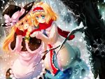  2girls alice_margatroid apron blonde_hair blush capelet forest gengetsu_chihiro hairband hat highres jacket kirisame_marisa long_sleeves mittens multiple_girls nature scarf skirt snow snowing touhou vest witch_hat 