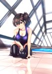  1girl bare_shoulders black_legwear breasts cleavage infinote kaga_(kantai_collection) kantai_collection large_breasts pool red_eyes reflection solo swimsuit thighhighs torpedo wet 