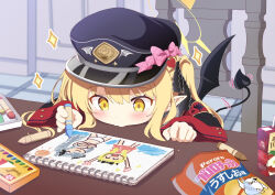  1girl :3 apple_juice bikini black_hat black_horns black_ribbon black_tail black_wings blonde_hair blue_archive blush bow chair child child's_drawing commentary crayon crayon_drawing demon_girl demon_horns demon_tail demon_wings drawing_(action) drawing_(object) gobaara3 grey_hair hair_ribbon halo hand_on_table hat head_on_table heart_ornament holding holding_crayon horns ibuki_(blue_archive) ibuki_(swimsuit)_(blue_archive) indoors juice long_hair long_sleeves looking_at_object makoto_(blue_archive) makoto_(swimsuit)_(blue_archive) military_hat one-piece_swimsuit pink_bow pink_one-piece_swimsuit pointy_ears ribbon side_ponytail snack solo sparkle swimsuit tail white_bikini wings yellow_eyes yellow_halo 