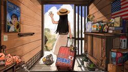  1girl absurdres aged_up american_flag bird black_hair book chicken diva_(hyxpk) dress duck english_commentary fish_tank flower from_behind hat highres long_hair nintendo_switch_2 original painting_(object) photo_(object) piggy_bank stuffed_animal stuffed_bird stuffed_eagle stuffed_toy suitcase sunflower vase white_dress 