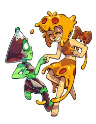  2girls adapted_costume alien alternate_color alternate_costume alternate_hair_color alternate_hairstyle alternate_skin_color barefoot blonde_hair bottle cheese closed_eyes colored_skin crop_top dancing discount-supervillain face_shield food food-themed_hair forehead_jewel full_body gem_(steven_universe) green_skin grin highres lapis_lazuli_(steven_universe) liquid_hair liquid_insides midriff monster_girl multiple_girls navel pepperoni peridot_(steven_universe) pizza pizza_slice short_hair skirt slime_hair smile soda soda_bottle steven_universe transparent_background triangle-shaped_hair yellow_skin 
