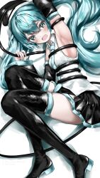  1girl aqua_eyes aqua_hair arms_up bad_id bad_pixiv_id bdsm black_thighhighs blush bondage boots bound commentary_request hatsune_miku high_heels highres long_hair looking_at_viewer necktie open_mouth rope shirt shirubaa skirt solo thigh-highs twintails vocaloid white_shirt 