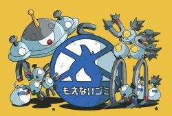  commentary_request evolutionary_line floating magnemite magnet magneton magnezone metal_skin no_humans one-eyed onigiri_debu pokemon pokemon_(creature) pokemon_focus radio_antenna red_eyes sandy_shocks screw trash_bag yellow_background yellow_eyes 