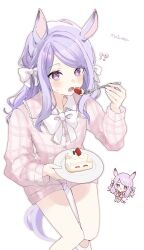  1girl animal_ears birthday_cake blush bow cake commentary_request eating food fork hair_bow highres holding holding_fork holding_plate horse_ears horse_girl horse_tail long_hair long_sleeves looking_at_viewer mejiro_mcqueen_(umamusume) open_mouth pink_shirt pink_shorts plate pof_(peuplierpof) purple_hair shirt shorts sweat tail umamusume violet_eyes white_bow 