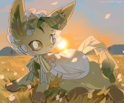  bright_pupils brown_eyes brown_fur clothed_pokemon commentary_request highres leafeon no_humans open_mouth outdoors pokemon pokemon_(creature) solo sunset tail theresnobody827 white_pupils 