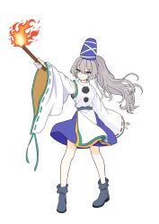  1girl absurdres black_shoes blue_hat blue_skirt closed_mouth commentary_request full_body grey_eyes grey_hair hat highres holding holding_torch japanese_clothes kariginu long_hair long_sleeves mononobe_no_futo pom_pom_(clothes) ponytail ribbon-trimmed_sleeves ribbon_trim shoes simple_background skirt smile solo standing tate_eboshi torch touhou wasedamedical white_background wide_sleeves 