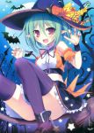  1girl :d absurdres ankle_strap bat breasts broom broom_riding calendar fang full_moon green_hair halter_top halterneck hat highres karory moon open_mouth pointy_ears purple_legwear skirt smile tagme thigh-highs violet_eyes witch_hat zettai_ryouiki 