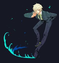  1boy black_suit blonde_hair cigarette clip_studio_paint_(medium) commentary_request curly_eyebrows curry_gohan full_body hair_over_one_eye hand_in_pocket male_focus necktie one_piece sanji_(one_piece) short_hair solo suit 