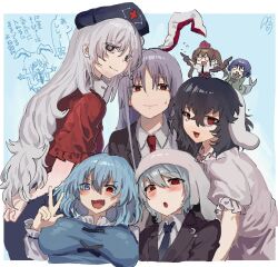 6+girls animal_ears bird_wings blue_background blue_eyes blue_hair blue_hat blue_necktie blush breasts chibi chibi_inset commentary_request floppy_ears flying_sweatdrops grey_eyes grey_hair hat heterochromia himekaidou_hatate inaba_tewi large_breasts long_hair looking_at_viewer merfolk mermaid monster_girl multiple_girls necktie o_o open_mouth rabbit_ears rabbit_girl red_eyes red_necktie reisen_(touhou_bougetsushou) reisen_udongein_inaba short_hair simple_background speech_bubble tatara_kogasa tokin_hat touhou touhou_22nd_popularity_poll translation_request twintails w wakasagihime wings yagokoro_eirin yukine_0930 