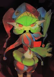  1girl black_background bob_cut clothed_pokemon colored_skin commentary english_commentary gardevoir green_hair green_skin hat highres jester jester_cap looking_at_viewer maeyufiore multicolored_skin pokemon pokemon_(creature) red_eyes simple_background two-tone_skin white_skin 