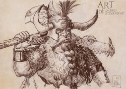  1boy armor axe beard braid braided_beard chainmail darkos_art dated dinosaur_skull dwarf facial_hair fake_horns helmet highres holding holding_axe horned_helmet horns long_beard mustache plume short_sleeves solo traditional_media ungrim_ironfist upper_body very_long_beard warhammer_fantasy weapon wrist_guards 
