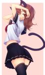  1girl animal_ears arms_up black_legwear brown_hair cat_ears cat_tail from_behind lace lace-trimmed_thighhighs looking_back midriff orange_eyes original pleated_skirt school_uniform serafuku skirt solo tail thighhighs zizi_(zz22) 