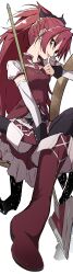 1girl absurdres black_bow black_thighhighs boots bow braid breasts detached_sleeves dress gem hair_bow highres holding holding_polearm holding_weapon kootee-on long_hair looking_at_viewer magical_girl mahou_shoujo_madoka_magica mahou_shoujo_madoka_magica:_walpurgis_no_kaiten polearm profile red_boots red_dress red_eyes red_gem red_hair sakura_kyoko sakura_kyoko_(magical_girl) simple_background sitting sleeve_cuffs small_breasts solo soul_gem_(madoka_magica) spear thighhighs thumbs_up tongue tongue_out turning_head weapon white_background white_sleeves