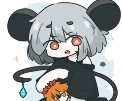  +++ 1girl animal_ears black_shirt black_skirt character_doll commentary_request doll grey_hair hair_between_eyes highres looking_at_viewer mouse_ears mouse_girl mouse_tail nazrin off_shoulder open_mouth red_eyes sea_urchin shirt short_eyebrows short_sleeves skirt solo tail thick_eyebrows toramaru_shou touhou uni_souchou 