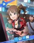  2boys :d ahoge bracelet breasts brown_hair character_name choker cleavage d: idolmaster idolmaster_million_live! jewelry multiple_boys necklace official_art open_mouth shorts side_ponytail smile sweatdrop video_game violet_eyes yokoyama_nao 