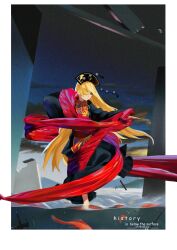  1girl black_dress blonde_hair border clouds cloudy_sky comic_sans commentary_request dalachi_(headdress) dated dress english_text film_grain fish fog goldfish highres junko_(touhou) long_hair moon night one_eye_covered red_eyes red_ribbon red_tabard ribbon sky smile solo standing standing_on_liquid tabard touhou water white_border xiao_xiao_xiaci 
