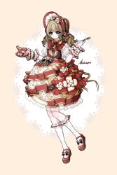  1girl absurdres apple apple_print apple_slice argyle_clothes argyle_dress argyle_sleeves argyle_socks black_bow bonnet bow bowtie brown_hair bubble_skirt capelet chinese_commentary closed_mouth collar commentary_request cup detached_collar dot_nose dress eyelashes food food-themed_clothes food-themed_hair_ornament food_print footwear_bow frilled_collar frilled_dress frilled_headwear frilled_sleeves frilled_socks frilled_wrist_cuffs frills fruit fruit_print full_body green_eyes hair_ornament hair_ribbon hair_through_headwear happy hat hat_bow highres holding holding_saucer holding_spoon infinity_nikki kneehighs lace_background light_blush long_hair low_twintails mary_janes medium_dress nikki_(series) outline pinafore_dress print_dress puffy_short_sleeves puffy_sleeves red_bonnet red_bow red_bowtie red_capelet red_dress red_shoes ribbon ribbon-trimmed_dress ribbon-trimmed_footwear ribbon-trimmed_headwear ribbon-trimmed_sleeves ribbon_trim saucer see-through_clothes see-through_sleeves shimimoya shirt shoes short_sleeves signature skirt sleeveless sleeveless_dress smile socks solo sparkle spoon standing striped_bow striped_bowtie striped_clothes striped_dress sugar_cube sweet_memories_(infinity_nikki) tea teacup teaspoon twintails two-sided_ribbon two-tone_dress waist_bow wavy_hair white_outline white_shirt white_socks white_wrist_cuffs wrist_cuffs yellow_background yellow_collar yellow_dress yellow_ribbon 