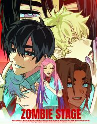  3boys 3girls alien_stage anakt_arts_high_school_uniform_(fading_youth) black_eyes blonde_hair brown_hair closed_eyes collared_shirt colored_eyelashes copyright_name dark-skinned_female dark_skin english_text fake_poster fang finger_to_mouth green_eyes grey_hair highres holding hyuna_(alien_stage) hyuna_(zombie_stage) ivan_(alien_stage) ivan_(zombie_stage) long_hair luka_(alien_stage) luka_(zombie_stage) mizi_(alien_stage) mizi_(zombie_stage) multicolored_hair multiple_boys multiple_girls pink_hair purple_hair red_pupils school_uniform shirt smile sua_(alien_stage) sua_(zombie_stage) thick_eyebrows till_(alien_stage) till_(zombie_stage) two-tone_hair yinquore zombie_stage 