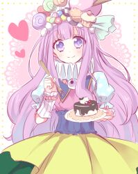  1girl blue_corset blush candy closed_mouth commentary_request corset cupcake dessert dress eyeball eyelashes food food-themed_hat fork halohalo_(merc_storia) heart holding holding_fork holding_plate lollipop long_hair merc_storia mrc_krkn multicolored_dress plate polka_dot_sleeves puffy_short_sleeves puffy_sleeves purple_hair short_sleeves smile solo split_mouth swirl_lollipop symbol_in_eye violet_eyes 