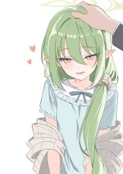  1girl 1other black_tail blue_archive blue_nightgown blush cardigan cardigan_partially_removed commentary green_hair grey_cardigan grey_scrunchie grey_shawl grid_print grid_shawl happy headpat heart highres kamiyama_(sayumimskz) long_hair low_side_ponytail nightgown nozomi_(blue_archive) nozomi_(kujibikido)_(blue_archive) pointy_ears scrunchie shawl side_ponytail simple_background solo_focus tail upper_body white_background yellow_eyes 