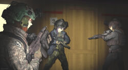 3girls ammunition_pouch ar-15 artist_name assault_rifle black_jacket blonde_hair bulletproof_vest camouflage camouflage_jacket camouflage_pants colored_tips combat_helmet commentary commission daewoo_k2 door earmuffs elcan_scope english_commentary grenade_launcher gun handgun helmet heterochromia highres holding holding_weapon hood hooded_jacket indoors jacket kac_sr-15 long_hair m320 military multicolored_hair multiple_girls night_vision_device original pants paperboathat pouch pump_action purple_hair red_hair rifle serbu_super-shorty shotgun south_korean_flag standing swedish_flag underbarrel_grenade_launcher weapon 