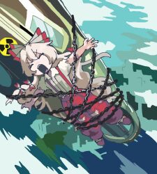  1girl bow chain chained closed_eyes fujiwara_no_mokou hair_bow long_hair meme multiple_hair_bows nuclear_weapon open_mouth pants pumspl red_pants restrained ribbon riding_bomb screaming shirt solo suspenders teeth torn_clothes torn_sleeves touhou upper_teeth_only v-shaped_eyebrows white_bow white_hair white_shirt wolverine_nuke_(meme) 