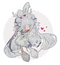  1girl animal_ears antlers apron bandaged_ear bandaged_leg bandages bandaid bandaid_on_chest bandaid_on_leg bloomers blush bow bow-shaped_hair chest_markings chest_tattoo coat collared_dress cross-laced_clothes cross-laced_legwear cross-laced_sleeves double_bun dress floating_hair frilled_apron frills fur_coat fur_leg_warmers hair_bun hair_ornament heart highres horns leg_warmers littlebluemuffin long_hair original rabbit_ears rabbit_hair_ornament rabbit_ornament sleeves_past_fingers sleeves_past_wrists stitches striped_bow striped_clothes stuffed_animal stuffed_rabbit stuffed_toy tail tattoo thick_eyebrows very_long_hair waist_bow watermark wavy_ends white_apron white_background white_bloomers white_bow white_coat white_eyes white_hair 