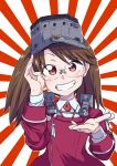  1girl bespectacled brown_hair bust glasses grin headgear highres kantai_collection long_hair red_eyes rising_sun ryuujou_(kantai_collection) smile solo sterndorf twintails 
