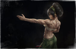  1girl artist_name avatar:_the_last_airbender avatar_legends back black_hair blind breasts closed_mouth commentary english_text expressionless facing_to_the_side from_side green_skirt hair_up highres large_breasts looking_to_the_side median_furrow outstretched_arm profile rikoriinn sideboob skirt strapless tall_hair toned toned_female toph_beifong tube_top 