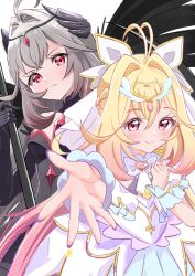  1girl absurdres antenna_hair bare_shoulders black_dress black_wings blonde_hair bow brooch capelet closed_mouth commentary_request cure_arcana dress dual_persona eclipse_scythe eclipse_shadow elbow_gloves feathered_wings frilled_capelet frilled_cuffs frills gloves gradient_hair grey_hair hair_intakes headgear heart heart_brooch highres holding holding_scythe jewelry long_hair looking_at_viewer magical_girl meitantei_precure! moria_luluka multicolored_hair multiple_forms precure puffy_dress red_eyes rono_(lethys) scythe smile veil very_long_hair white_capelet white_dress white_veil winged_gloves winged_heart wings wrist_cuffs 