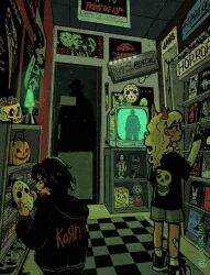  2003 2girls a_nightmare_on_elm_street alien_(series) black_hair blonde_hair blood blood_on_knife candy child's_play chucky_(child's_play) copyright_request crt door figure food freddy_krueger friday_the_13th genre_connection ghostface gumball_machine halloween_(movie) halloween_bucket highres hockey_mask holding holding_mask horns indoors it_(stephen_king) jack_torrance jason_voorhees jaws_(movie) knife lava_lamp lips lollipop lusidraws mask michael_myers multiple_girls pennywise poster_(object) pumpkin red_horns scanlines scream_(movie) shop skull slice_of_life the_rocky_horror_picture_show the_shining the_silence_of_the_lambs videocassette 