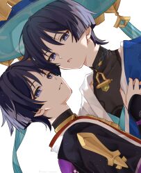  2boys absurdres adam's_apple bag bishounen black_bodysuit black_hair black_kimono black_sleeves blue_cape blue_hat blue_jingasa blue_kimono blunt_ends bodysuit bright_pupils cape choppy_bangs commentary_request covered_collarbone dual_persona dutch_angle eyeliner genshin_impact gold hand_on_another's_chest hat highres japanese_clothes jewelry jingasa juban kimono looking_at_viewer makeup mandarin_collar multiple_boys neck_ring open_clothes open_kimono open_mouth purple_bag purple_sleeves red_eyeliner red_kimono saekiya_sabou scaramouche_(genshin_impact) scaramouche_(harbinger)_(genshin_impact) shoulder_peek side_cape single_sode tsurime turtleneck turtleneck_bodysuit twitter_username violet_eyes wanderer_(genshin_impact) white_background white_kimono white_mouth white_pupils wolf_cut 