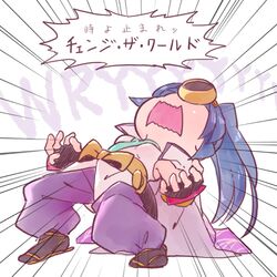  1girl blue_hair cape fingerless_gloves gloves jojo_no_kimyou_na_bouken long_hair lowres open_mouth parody ponytail puzzle_&amp;_dragons sizma solo translation_request wryyyyyyyyyyyyyyyyyyyy yomi_(p&amp;d) 