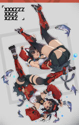  1girl absurdres animal_ear_fluff animal_ears armpits arms_up barcode barcode_tattoo bare_shoulders bell black_hair black_shorts black_thighhighs blush_stickers bridal_gauntlets cat_ears cat_girl cat_tail commentary corset dark-skinned_female dark_skin detached_sleeves facial_mark fang fish forehead_mark forehead_tattoo hairband highres lan_xiezi legs_up long_hair looking_at_viewer lying mechanical_tail multiple_tails neck_bell nekomiya_mana on_back open_mouth paw_pose ponytail puffy_detached_sleeves puffy_sleeves red_corset red_eyes red_hairband short_shorts shorts simple_background skindentation smile solo tail tattoo thigh-highs thighs triangle triangle_facial_mark two_tails zenless_zone_zero 