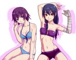  2girls bikini black_hair blue_eyes brown_eyes kanbaru_suruga long_hair monogatari_(series) multiple_girls purple_hair senjougahara_hitagi short_hair shorts sjw_kazuya swimsuit twintails 