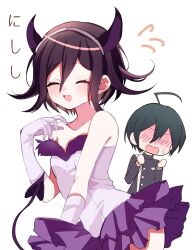  2boys :d ahoge artist_request blush closed_eyes crossdressing danganronpa_(series) danganronpa_v3:_killing_harmony demon_horns demon_tail dress fang flustered frilled_skirt frills furrowed_brow gloves highres horns male_focus multiple_boys non-web_source oma_kokichi open_mouth saihara_shuichi simple_background skin_fang skirt sleeveless sleeveless_dress smile sweat tail white_background white_gloves 
