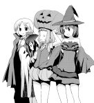  4girls asamiya_yume cape halloween hat jack-o&#039;-lantern kanzaki_ayumu kinniku_tarou monochrome multiple_girls smile_style tsukiyama_momiji witch_hat yamazaki_yuri 