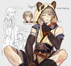  2boys absurdres animal_ears bana_gameg black_gloves black_shorts blonde_hair brown_sleeves english_text fake_animal_ears fingerless_gloves fishnets genderswap genderswap_(ftm) genshin_impact gloves highres hood hood_up japanese_clothes kamisato_ayato kimono male_focus multiple_boys one_eye_closed open_mouth pink_eyes raccoon_ears sayu_(genshin_impact) short_hair shorts yellow_hood yellow_kimono 