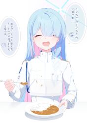  1girl absurdres aiguillette blue_archive blue_halo braid closed_mouth colored_inner_hair curry epaulettes food general_student_council_president_(blue_archive) hair_over_one_eye halo hello-ghiblisan highres holding holding_spoon long_hair multicolored_hair open_mouth pink_hair single_braid smile solo spoon streaked_hair two-tone_hair white_background 