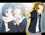  2girls akiyama_mio brown_eyes brown_hair can canned_coffee coffee grin hairband k-on! kisuke_(akutamu) multiple_girls scarf school_uniform short_hair smile tainaka_ritsu v 